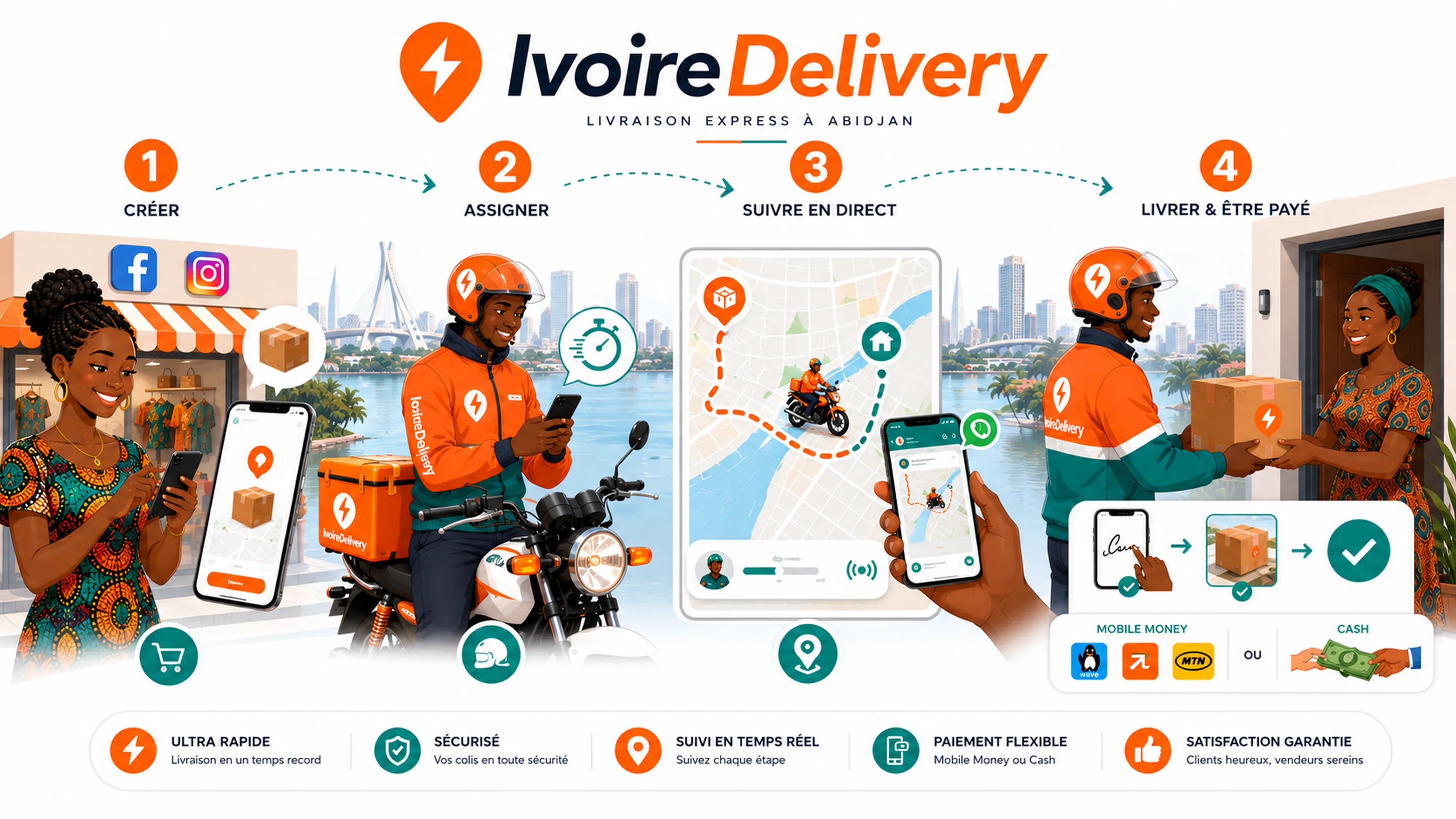 Le service IvoireDelivery en 4 étapes : créer une demande, assignation d'un livreur à moto, suivi en temps réel, livraison et paiement (Wave, Orange Money, MTN, cash)